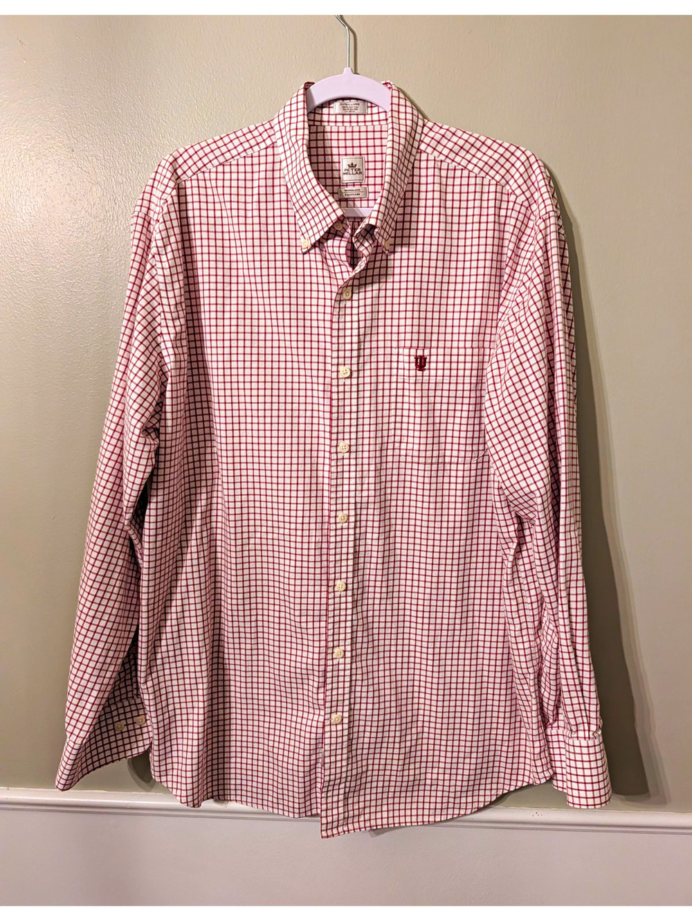 Peter Millar Nanoluxe Easy Care Dress Shirt XL 32/33 Red White Check IU Logo